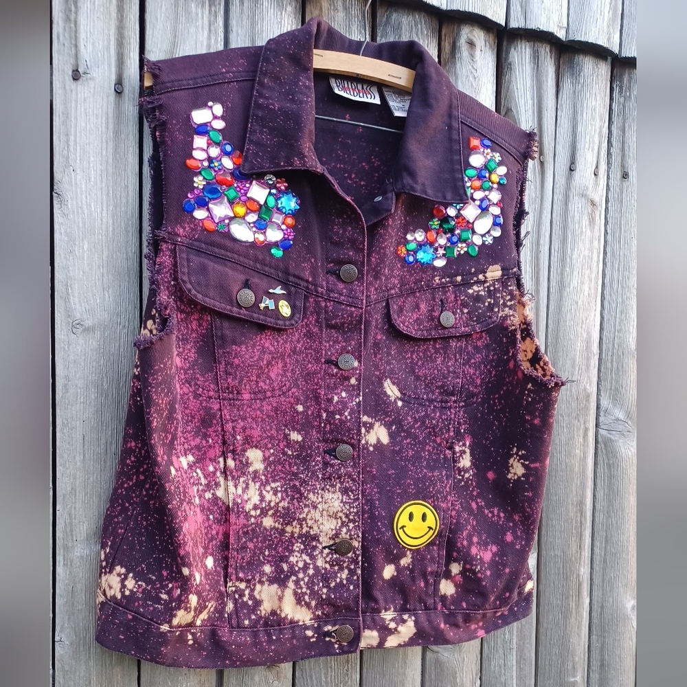 Vintage 90s Bill Blass 1 Of 1 candy jewel embellished patch denim vest Womens M